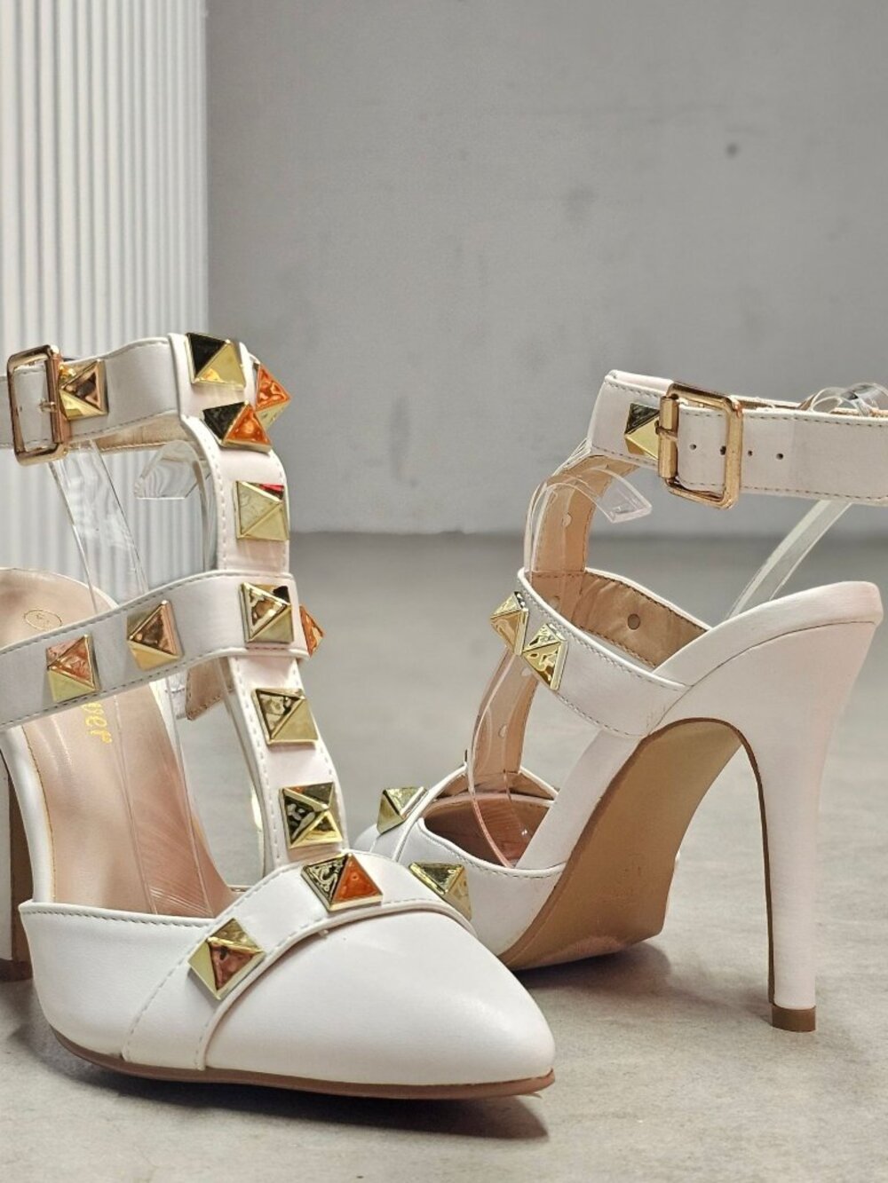 White Studded Pointed-Toe High Heels With Adjustable Buckle Strap & T-Strap Desi - Picture 11 of 15